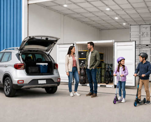 Family Loading into Seasonal Storage Container A family of four stands by an open car trunk outside a storage unit. Two kids wearing helmets ride scooters, while the parents smile and watch. The storage unit holds bicycles and boxes.